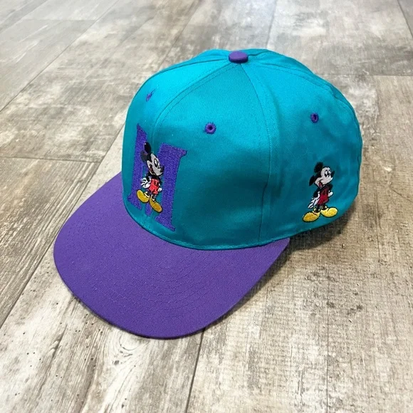 DISNEY Mickey Mouse Cartoon Retro Vintage 90s SnapBack Hat Teal Blue Purple Mens - Picture 2 of 6